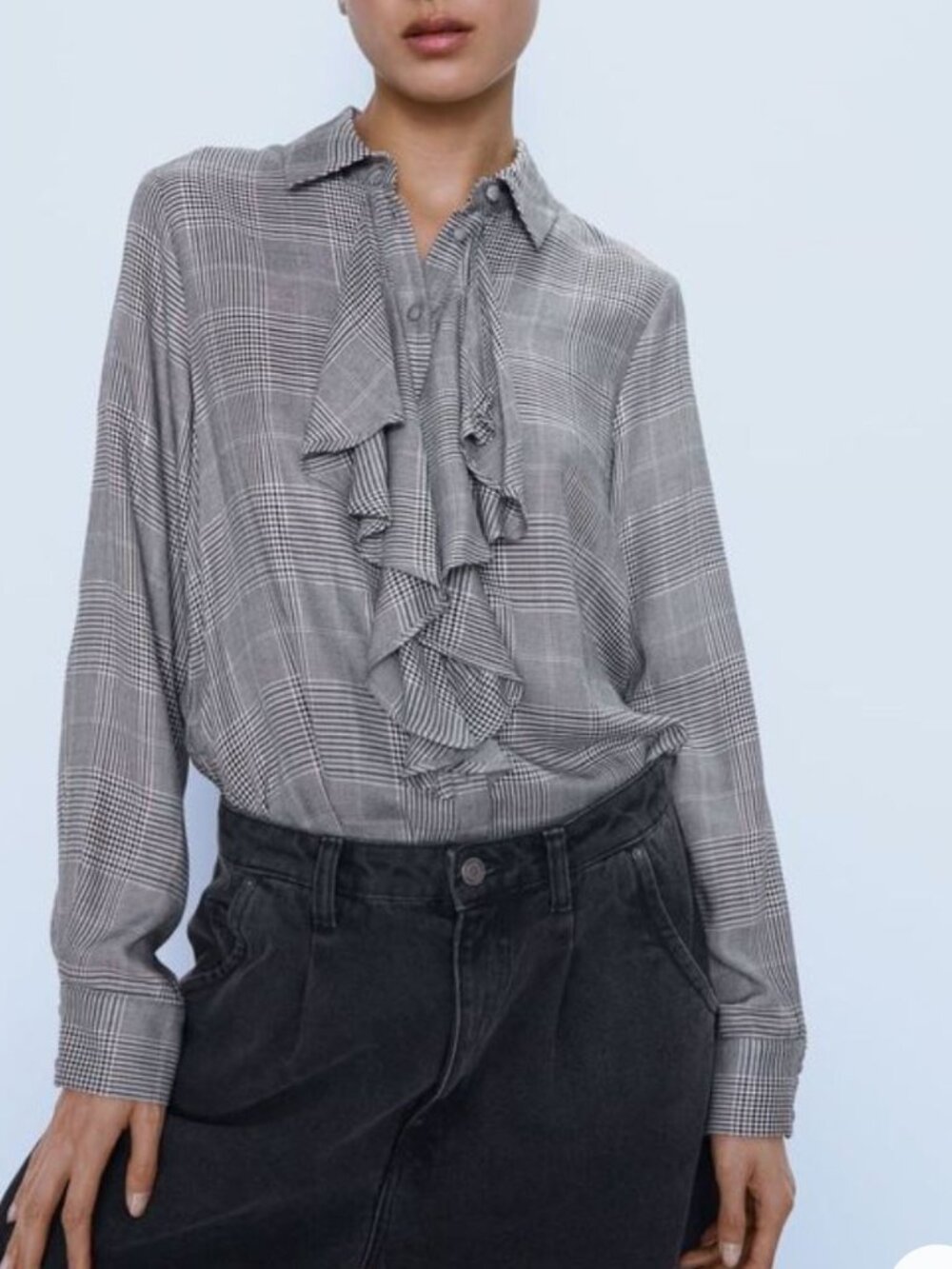 NWT Houndstooth Black White Button Up Ruffle Long Sleeves Blouse Shirt Top
